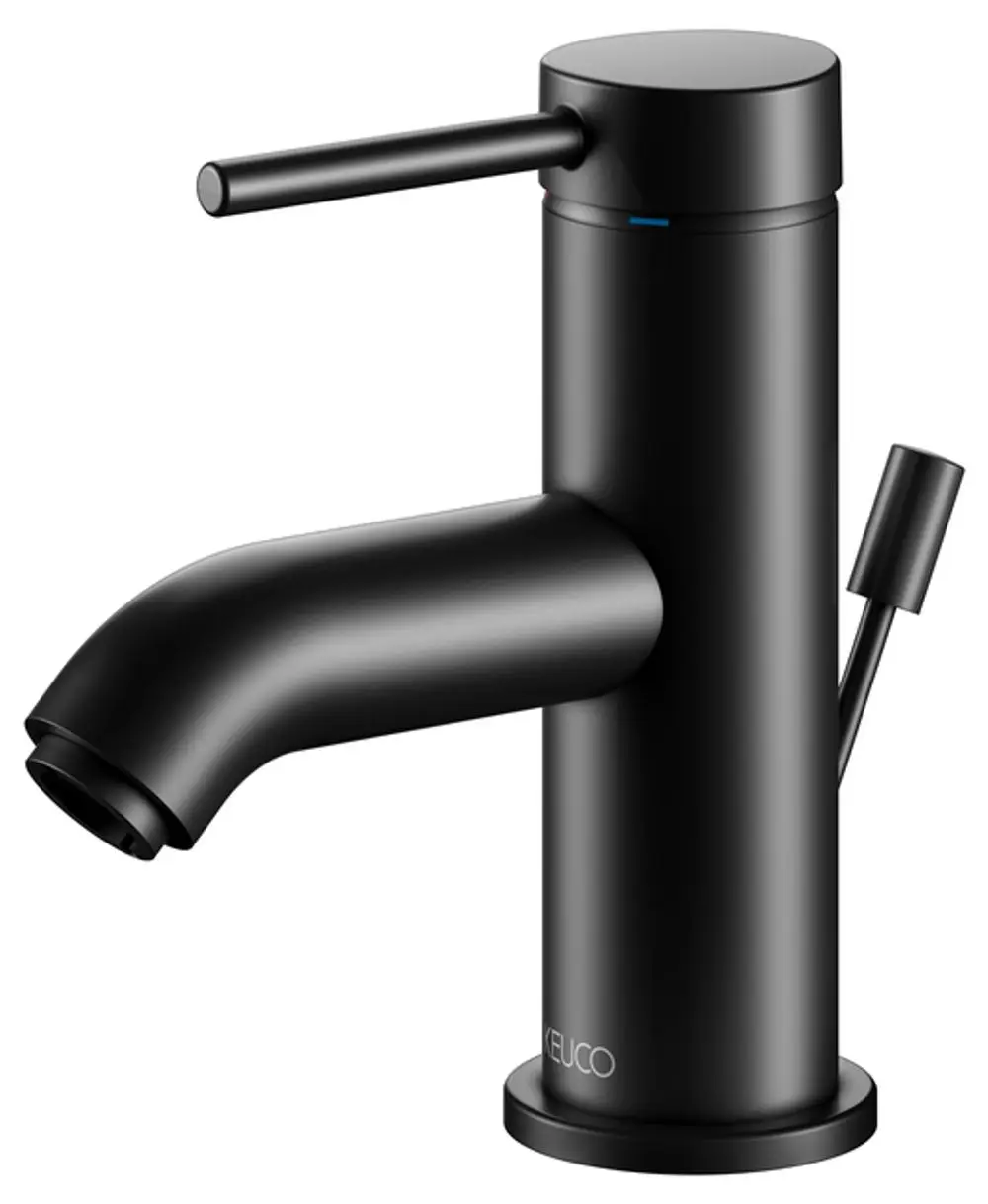Schwarzer Einhebelmischer von Keuco mit fließendem Auslauf und seitlichem Hebel zur Einstellung von Wasser. Minimalistisches Design, geeignet für moderne Badezimmer.